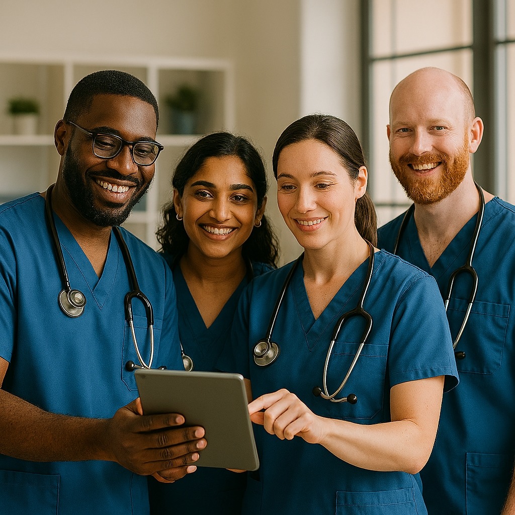 Healthcare professionals in scrubs reviewing a patient record together